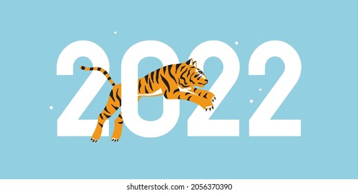 Vector illustration of tiger jumping over number zero. Happy new 2022 year abstract greeting card. Tiger year concept isolated on blue background. Chinese zodiac symbol. Print, poster, logo, calendar