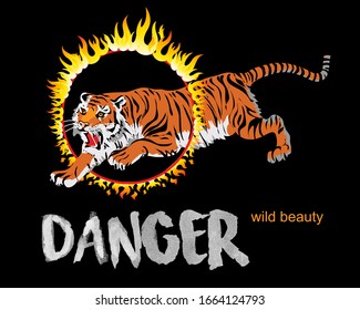 Vector Illustration Of A Tiger Jumping Through A Ring Of Fire.