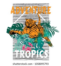 vector illustration of a tiger jumping from a tropical thicket, textile print on a t-shirt