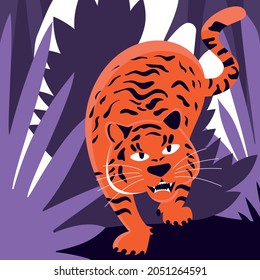 Vector illustration of a tiger in the jungle. The symbol of the new year. For packaging design, print, web, poster, childrens book.