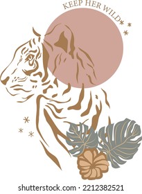 Vector illustration Tiger lettering flowers