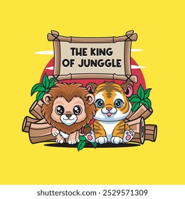 Vector Illustration of Tiger and Lion with Cute Zoo Vector Illustration Available for Tshirt Design