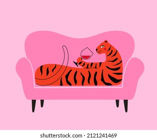 Vector illustration with tiger lying on sofa and drinking red wine from glass. Trendy print design with animal and alcohol