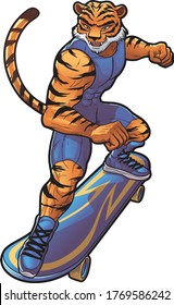 Vector illustration of a tiger mascot with his skateboard.