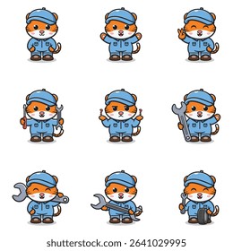 Vector Illustration of Tiger Mechanic Cartoon Character. Mechanic Character Vector Illustration. Tiger Character animal. Mechanic Mascot.
