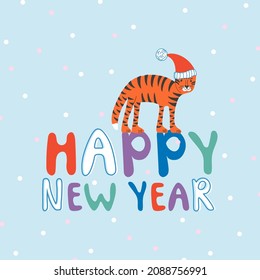 Vector illustration with tiger and New Year lettering. Colorful greeting card. Happy holidays banner.