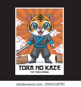 Vector Illustration of Tiger Ninja with Cute Illustration Available for Poster