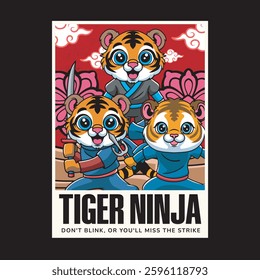 Vector Illustration of Tiger Ninja with Cute Illustration Available for Poster