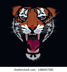 Vector illustration of a tiger on a black background. Template. Printing on t-shirts, clothes, textiles. Vector illustration for fashion creative drawing.