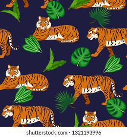 Vector illustration of tiger on dark background. tiger in the jungle seamless pattern