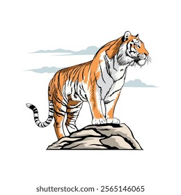 vector illustration tiger on rock  stone