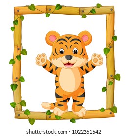 vector illustration of Tiger on the wood frame with roots and leaf