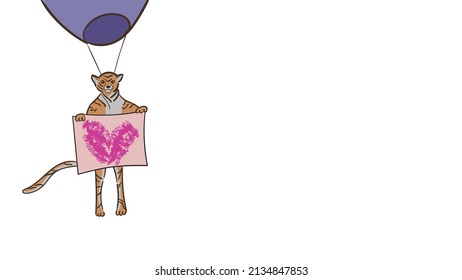 Ilustración vectorial del tigre con un cartel de paracaídas con el corazón rosado sobre fondo blanco y espacio libre para el texto