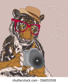 Vector illustration of tiger photographer with a camera
