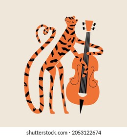 Vector illustration of tiger playing music with contrabass. Trendy music print design with animal, home decoration poster
