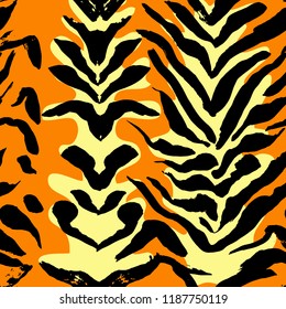 Vector illustration tiger print seamless pattern. Orange and yellow hand drawn background.