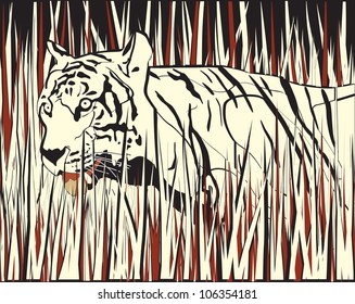 Ilustración vectorial de un tigre merodeando por la hierba seca
