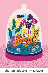 Vector illustration with tiger and rainforest plants in glass terrarium. Trendy tropical design for a birthday card or an invitation. 
