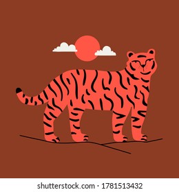 Vector illustration with tiger, red sun and white clouds. Print design with animal
