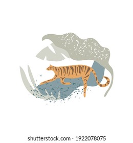 Vector illustration of a tiger resting, lying on a branch. The tiger looks at its prey from the jungle. Pastel colors, white background, minimalistic boho style