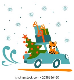 Ilustración vectorial, tigre montando un auto, carga regalos de año nuevo y un árbol de navidad