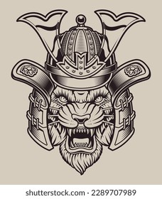 Vector illustration tiger samurai in helmet on a light background