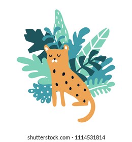 vector illustration, tiger sitting in jungle leaves