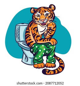 Ilustración vectorial de un tigre sentado en el inodoro. Símbolo de tigre de dibujos animados del año 2022