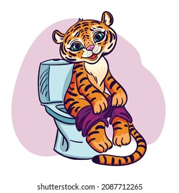 Ilustración vectorial de un tigre sentado en el inodoro. Símbolo de tigre de dibujos animados del año 2022