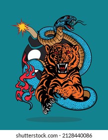 ilustración vectorial de una amistad de tigre y serpiente