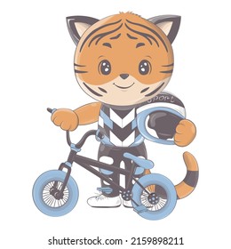 Vector illustration of a tiger with a sports bike. Vector illustration of a cute athlete animal. Cute little illustration of tiger for kids, baby book, fairy tales, covers, baby shower invitation, tex