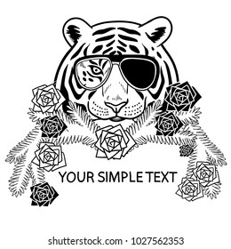 Vector illustration of a tiger in stylish glasses, fir branches and roses.