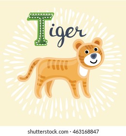 Vector illustration of tiger. T letter. Funny cartoon cute children animal in vector.