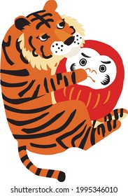 Vector Illustration Of Tiger And Tumbling Doll  On White Background.