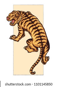 vector illustration of tiger with vintage tattoo style and asian painting 