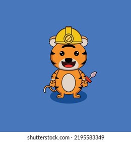 vector illustration of a tiger wearing a construction worker helmet and holding a torch