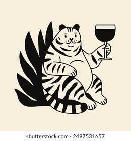 Vector illustration with tiger and wine glass. Party flyer print, home or bar wall decoration poster, apparel print design, wine bottle print element template