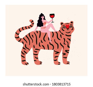 Vector illustration with tiger and woman with black glass of red wine. Trendy print design with animal