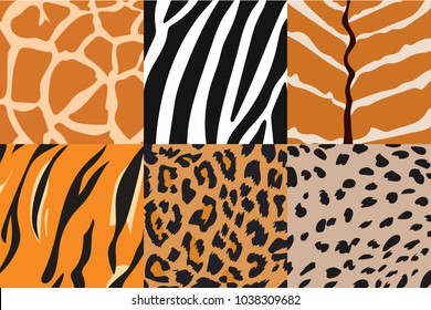 Vector Illustration of tiger, zebra, giraffe, cheetah, nyala  and leopard pattern. Animal print pattern.