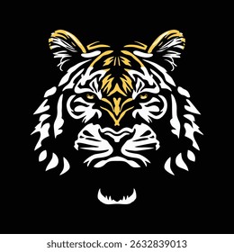 vector illustration a tiger's face is drawn in gold and white. The tiger's eyes are open and staring. background hitam	