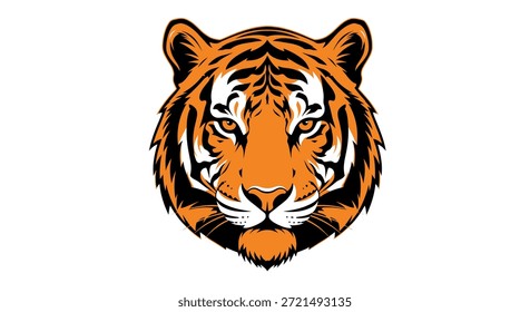 Ilustração vetorial do rosto de um tigre apresentando listras laranja e preta, criando uma imagem forte e impressionante. Ideal para uso em projetos de design gráfico relacionados à vida selvagem, equipes esportivas,