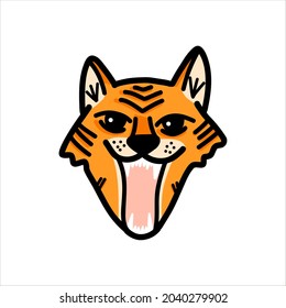 Vector illustration with a tiger's face, a growling wild tiger in a cartoon style on a white background. Illustration for T-shirts, postcards, posters, fabrics
