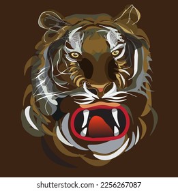 vector illustration of a tiger's face roaring with its fangs showing

