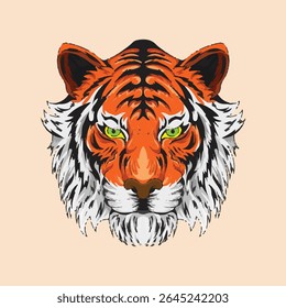 Vector illustration of a tiger's head with a bold and intense expression. Featuring vibrant orange and black stripes, piercing green eyes, and detailed fur textures in black and white. 