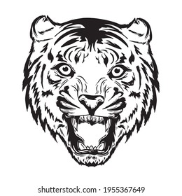 vector illustration of a tiger's head opening its mouth. Hand drawing in black white black and white