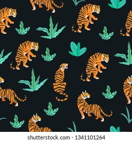 Vector illustration of tigers with tropical leaves on a black background. Trendy seamless pattern.