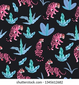 Vector illustration of tigers with tropical leaves on a black background. Trendy seamless pattern.