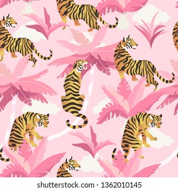 Vector illustration of tigers with tropical leaves and exotic plants on a pink background. Trendy seamless pattern.