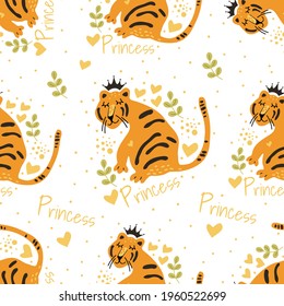 Vector illustration of tigers with tropical leaves and exotic plants on a Trendy seamless pattern. Symbol of 2022