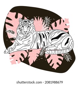 Vector illustration of tigers with tropical leaves and exotic plants on a pink background. Trendy seamless pattern.